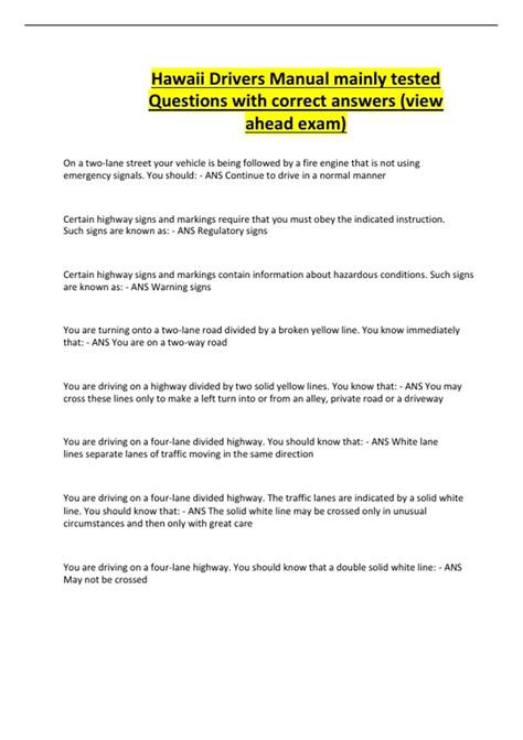 Hawaii Drivers Manual mainly tested Questions with correct answers ...