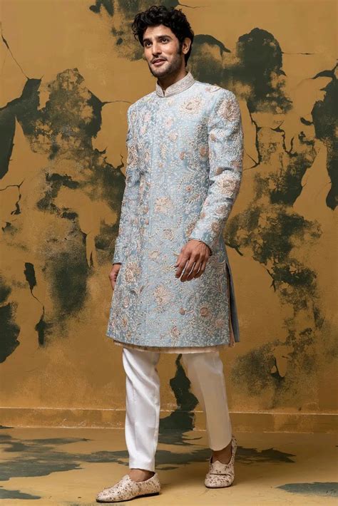 Blue Sherwani With Kiran Dori & French Knots - Asuka Couture