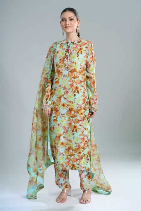 Buy Sky Blue Embroidery Round Neck Floral Print Kurta Set For Women by ...