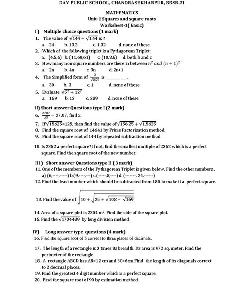 Cls 8-square and square root worksheet - DAV PUBLIC SCHOOL ...