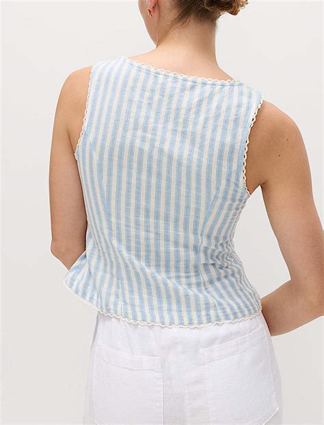 Buy Linen Rich Lace Insert Top at Marks & Spencer
