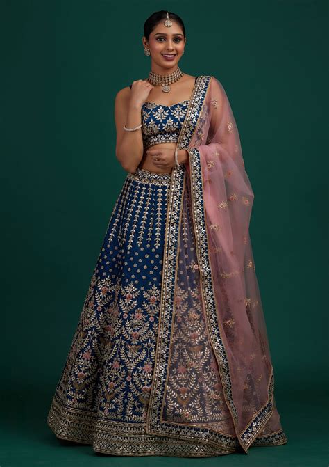 Buy Peacock Blue Gotapatti Raw Silk Semi Stitched Lehenga - Koskii