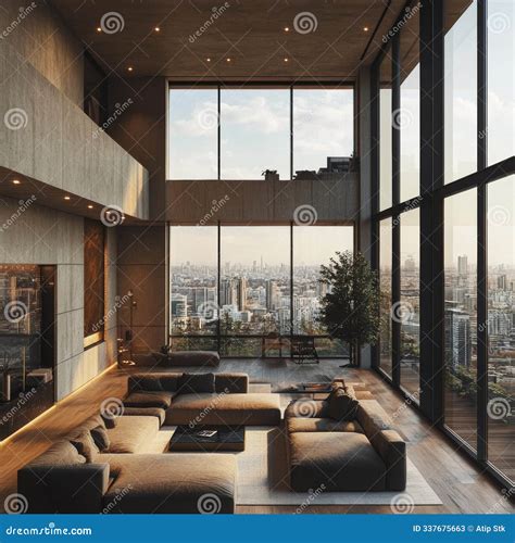Modern Luxury Living Room with City Skyline View and Floor To Ceiling ...