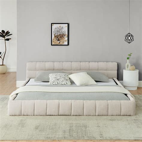Amazon.com: Chenille King Floor Bed Frame with Padded Headboard for ...