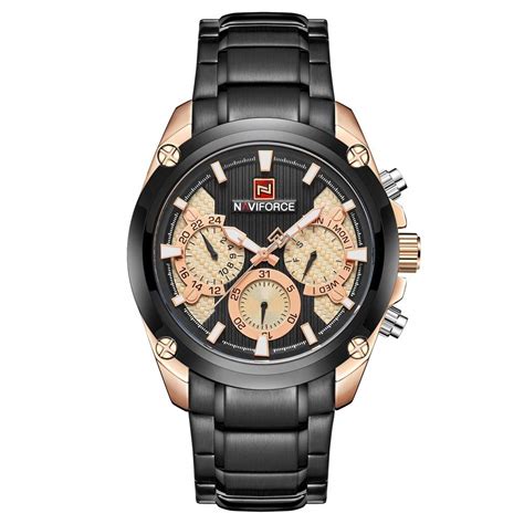 NAVIFORCE Analogue Masculine Black and Gold Chronograph Day and Date ...