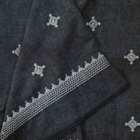 Pre-cut 0.80 cm Pure Cotton Handloom Grey With Cream Embroidery Hand B ...