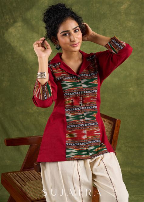 Exclusive Maroon Cotton Ikat Combination Top - Pant Optional – Sujatra