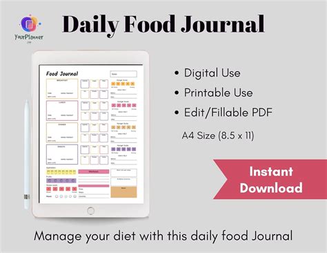 Food Journal, Daily food journal, Meal planner printable, Food diary ...
