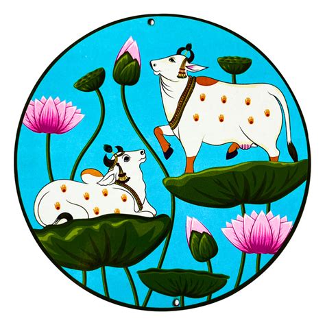 Multicolored Pichwai Cow Pair With Lotus In Round Shape Set Of 4 ...