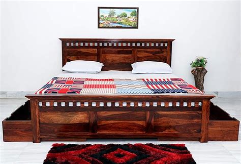 TG Furniture Solid Sheesham Wood Jali Bed with Two Drawer Storage King ...