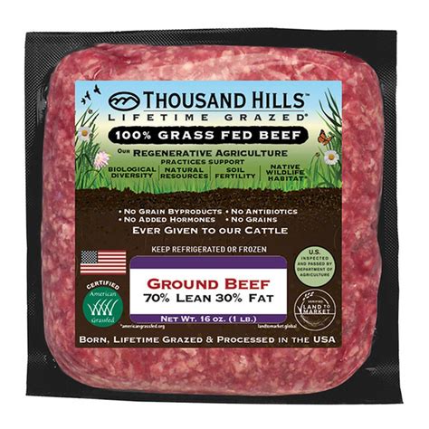 Thousand Hills Lifetime Grazed 100% Grass Fed Ground Beef, 70% Lean 30% ...