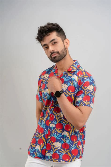 Firangi Yarn Jungle Theme Printed Cotton Blue Cuban Collar Shirt For M