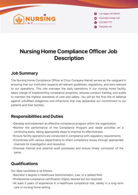 Free Nursing Home Compliance Officer Job Description Template to Edit ...