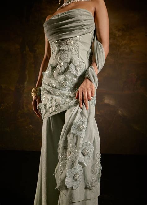 Nakhat Sage Green 3D Flower Embroidered Sleeveless Sharara Set – Lea ...