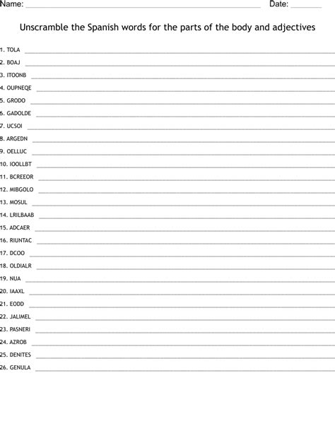 Unscramble the Spanish words for the parts of the body and adjectives ...