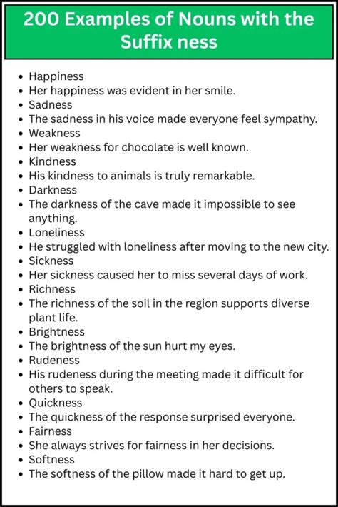 200 Examples Of Nouns With The Suffix Ness