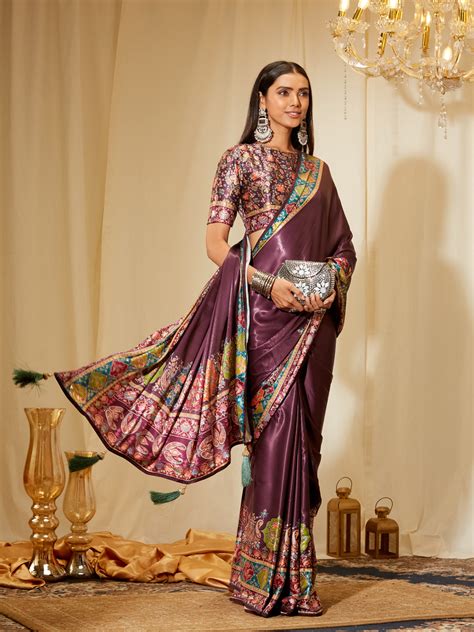 Kasee Women's Plum Satin Silk Saree with Multicolor Printed Border ...