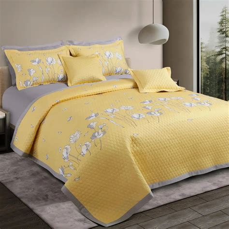 Bed Cover Quilted, Yellow Botanical Cotton Quilted Bedspread Set – MALAKO
