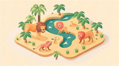 Isometric illustration of a lion pride with cubs in a lush African landscape The wonders of ...