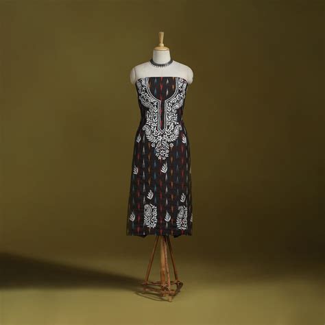 Black Lucknowi Chikankari Work Pochampally Ikat Unstitched Kurta Material