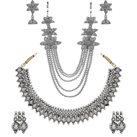 Om Jewells Oxidised Silver Plating Alloy and Floral Multistrand ...