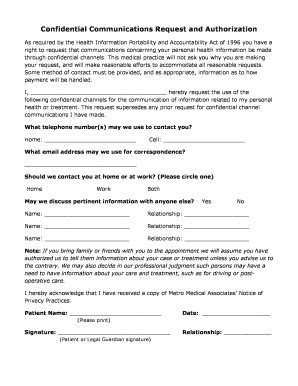 Fillable Online Confidential Communications Request and Authorization ...