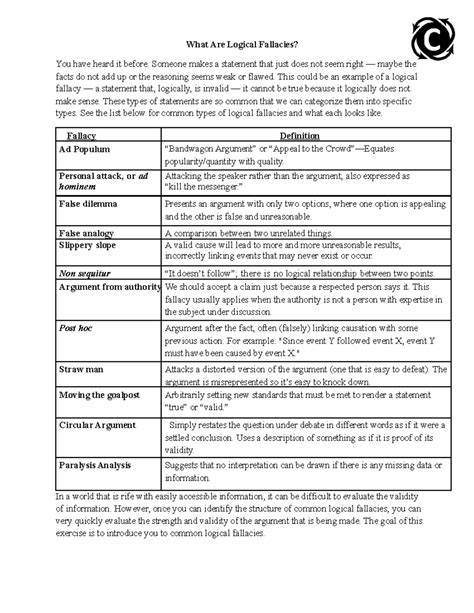 Logical Fallacies worksheet - What Are Logical Fallacies? You have heard it before. Someone ...