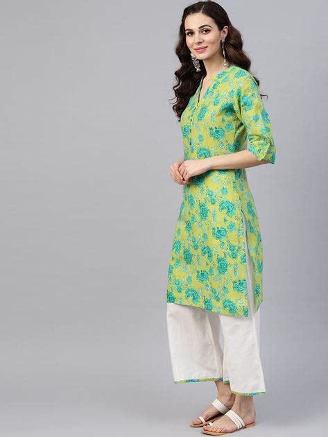 Fluorescent Green & Blue Floral Printed Kurta Set with White Palazzo w ...