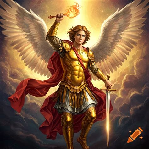 Archangel Michael in golden armor, sword raised, protecting a child ...