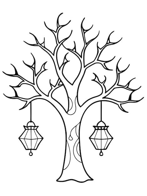 Halloween tree with hanging lanterns colouring pages for children with ...