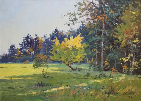 Edgars Vinters - Sunny autumn forest edge. 1960, cardboard, oil, 36x50 cm For Sale at 1stDibs