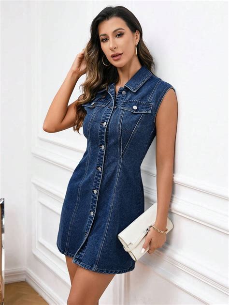 SHEIN Essnce Flap Detail Button Front Denim Dress | SHEIN EUR