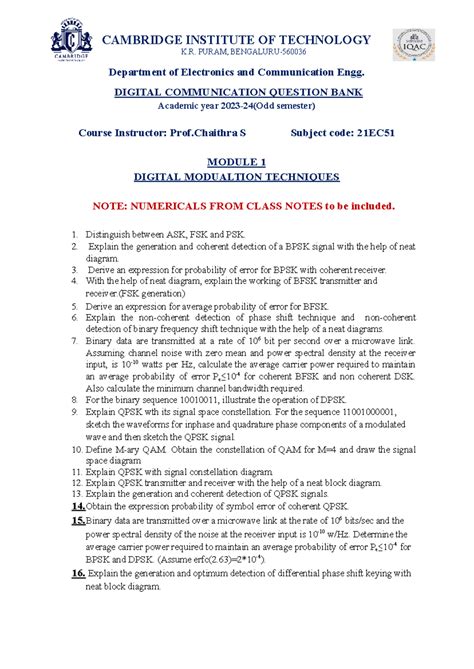 DC Module 1 Question Bank - CAMBRIDGE INSTITUTE OF TECHNOLOGY K. PURAM ...