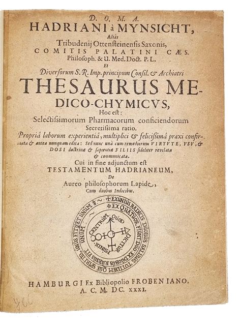 Thesaurus Medico-Chymicus. by MYNSICHT, Hadrian.: Good Hardcover (1631) 1st Edition | Sokol ...