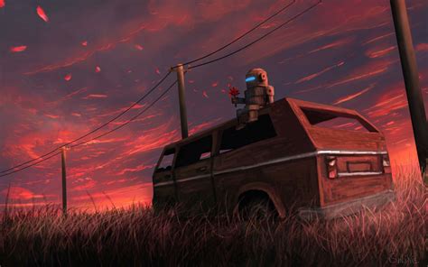 Download wallpaper 1920x1200 car, van, robot, field, art widescreen 16: ...