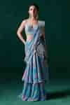 Buy Blue Chiffon Cut Work, Embroidery, Floral Ruffle Pre-draped Saree ...