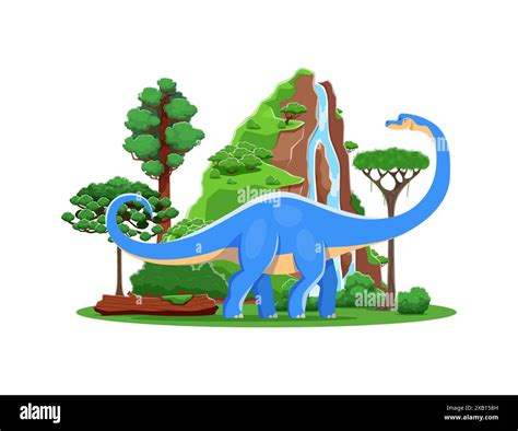Haplocanthosaurus prehistoric cartoon dinosaur. Vector blue sauropod dino in lush landscape with ...