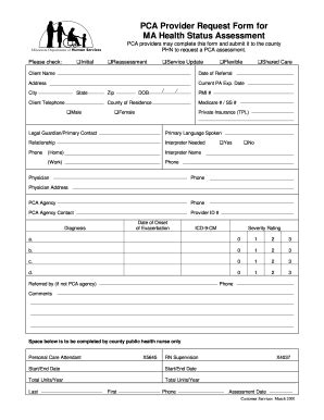 Fillable Online PCA Provider Request Form for MA Health Status Fax ...