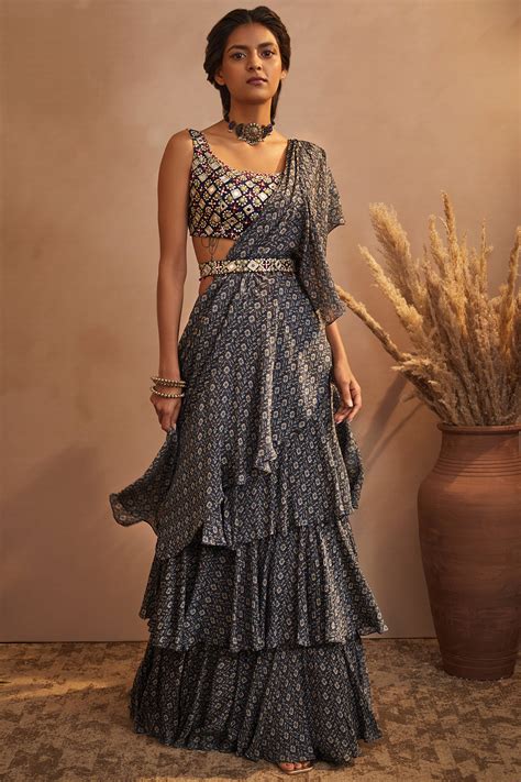 Buy Navy Ikkat Drape Saree with Embroidered Blouse & Belt – Aneesh Agarwaal