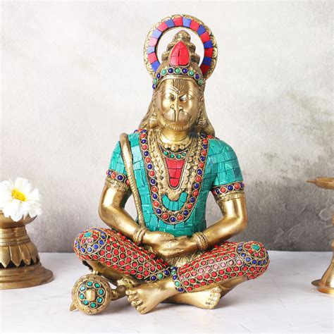Brass Hanuman Ji in Dhyan Mudra with Mosaic Work – The Advitya