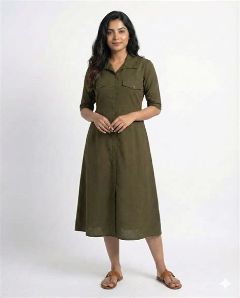 Bottle Green Cotton Classic Shirt Midi Dress – Palla Jaipur