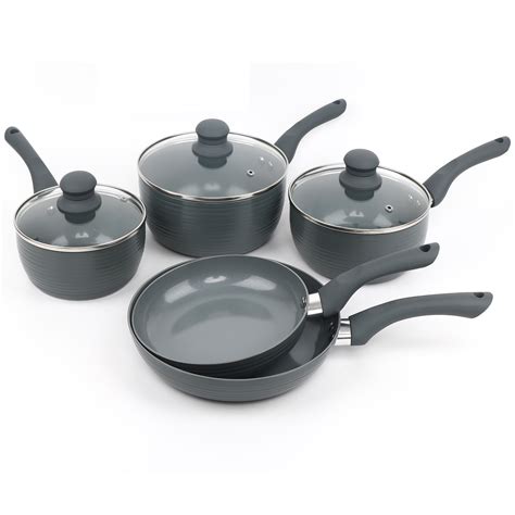 Grey 8 Piece Ribbed Cookware Set Non Stick Induction Pans Saucepans ...