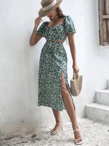 Breezaya Ditsy Floral Puff Sleeve Crop Top & Split Thigh Skirt Set ...