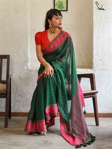 Mulmul Cotton Zari Green Saree|Enchanted Meadows|Suta