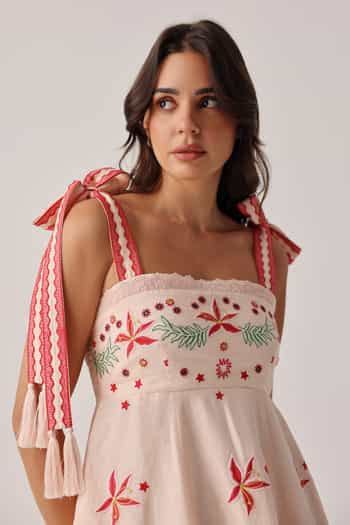 Buy Peach Linen, Viscose Embroidery Nora Midi Dress For Women by NOIB ...