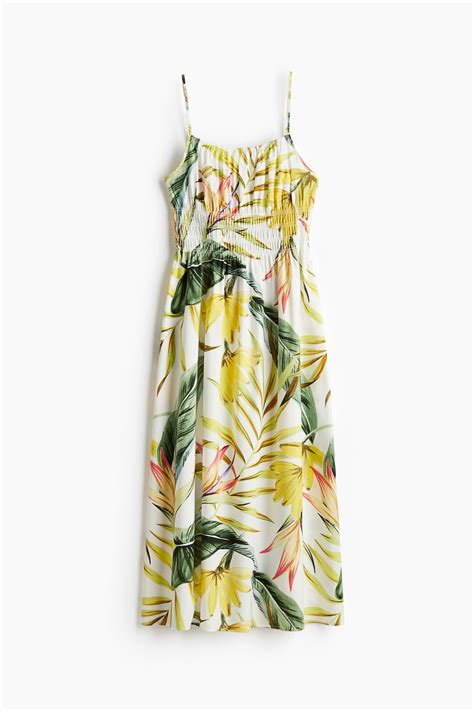 Smock-detail poplin dress - White/Floral - Ladies | H&M IN