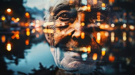 Double exposure of an elderly mans face with urban night lights ...