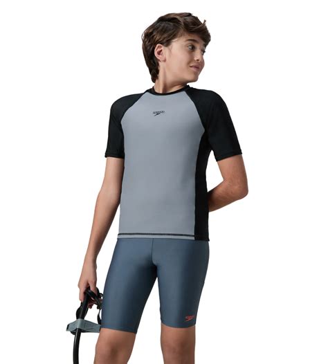 Buy Speedo Boy's Enduraflex Short Sleeve Suntop - Coin Grey & Black ...