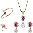 Buy ZENEME Cubic Zirconia Ruby Round Shaped Pendant With Chain Earrings ...