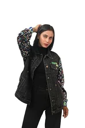 Buy G.FIDEL Women Sequin Denim Jackets Sparkly Bomber Jackets V-Neck ...